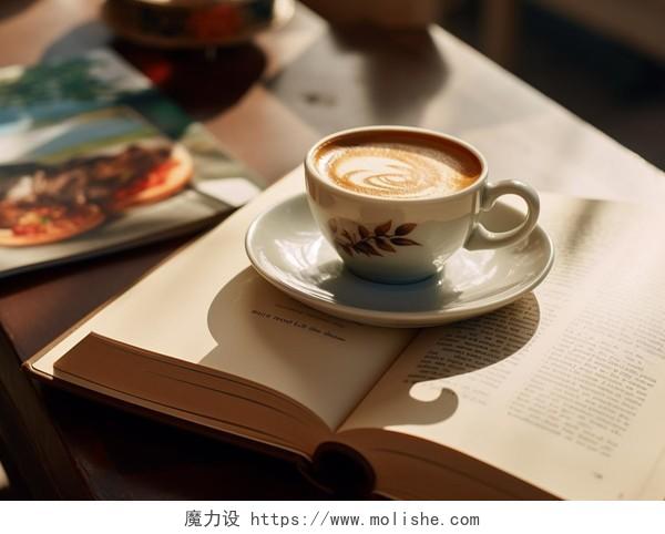 阳光下的木制书桌上放着咖啡和书本恬静舒适感的静物特写唯美壁纸